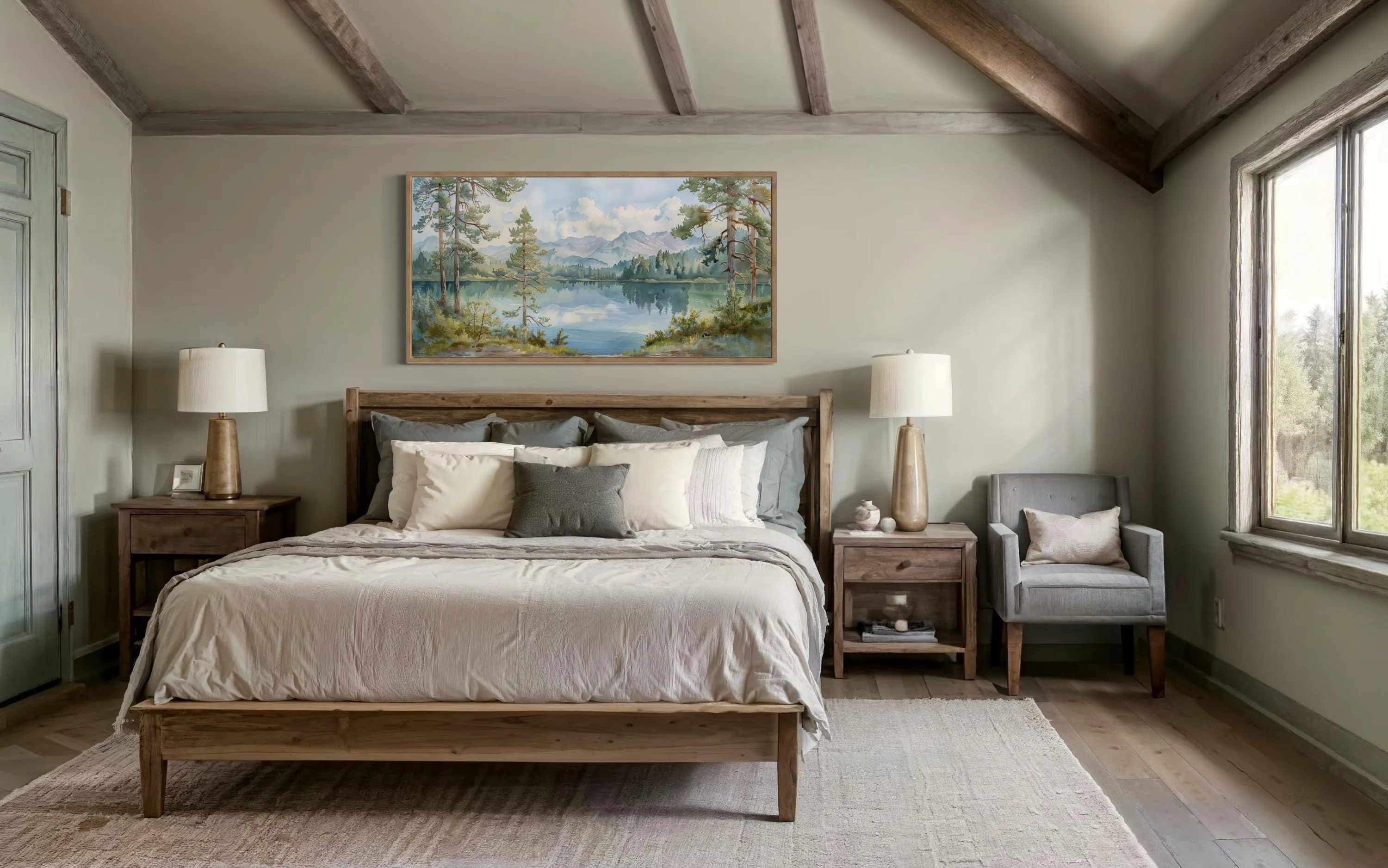 Serene Mountain Lake Landscape Framed Canvas Wall Art