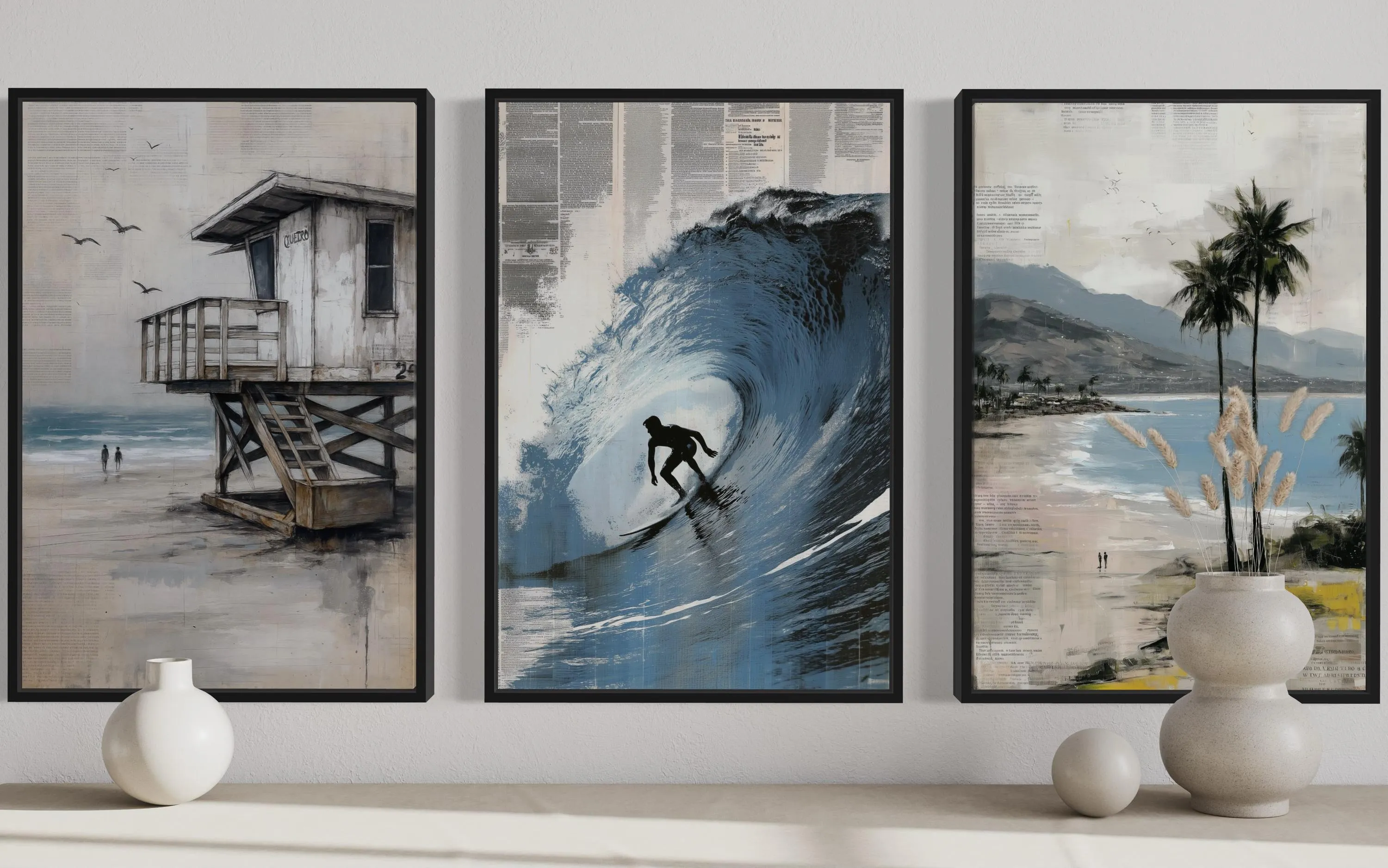 Set of 3 California Coastal Canvas Prints - Surfboard Wave Painting, Lifeguard Tower, Palm Beach