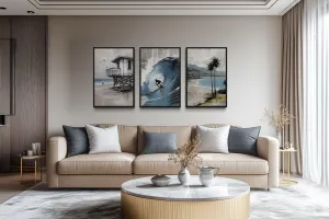 Set of 3 California Coastal Canvas Prints - Surfboard Wave Painting, Lifeguard Tower, Palm Beach