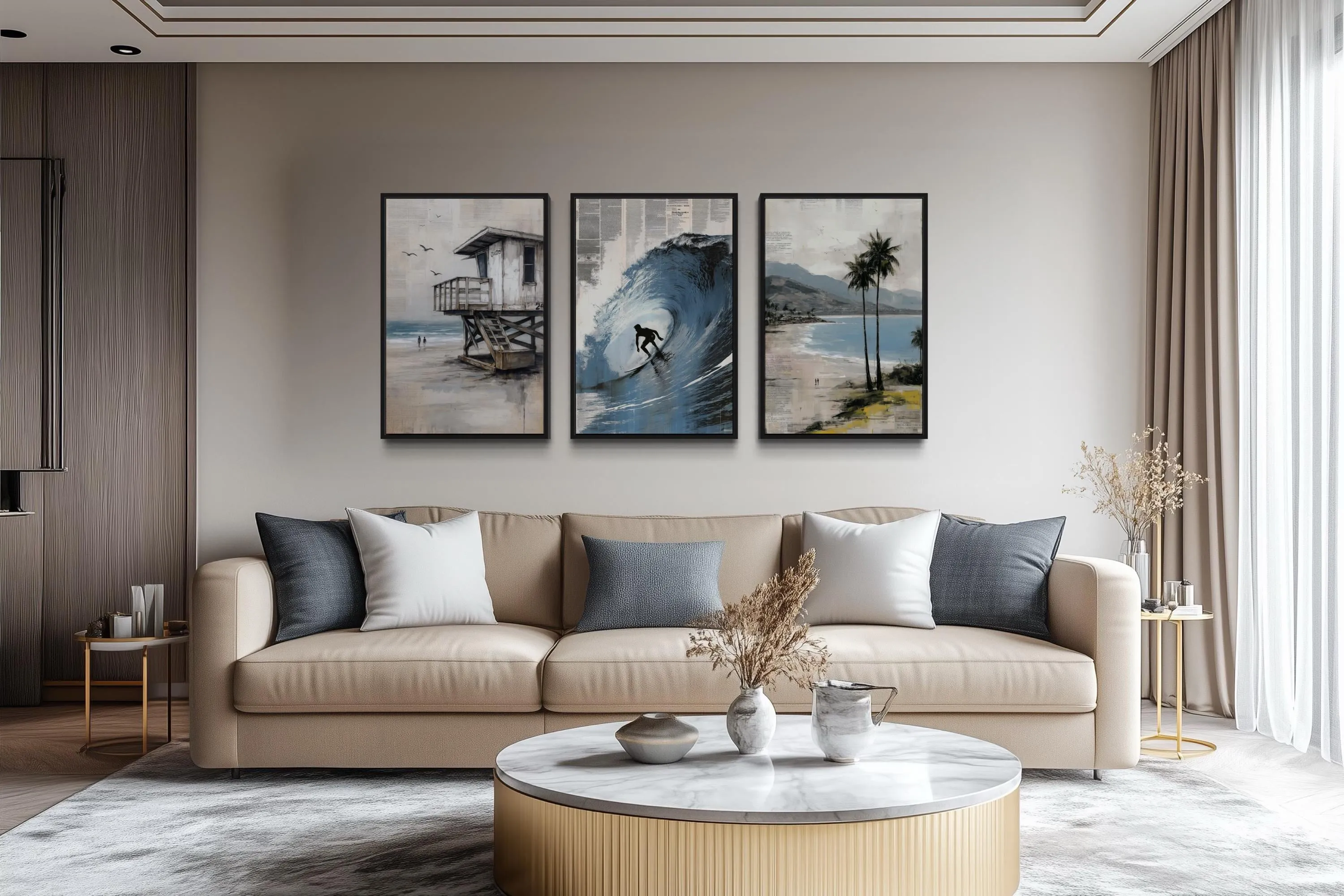 Set of 3 California Coastal Canvas Prints - Surfboard Wave Painting, Lifeguard Tower, Palm Beach