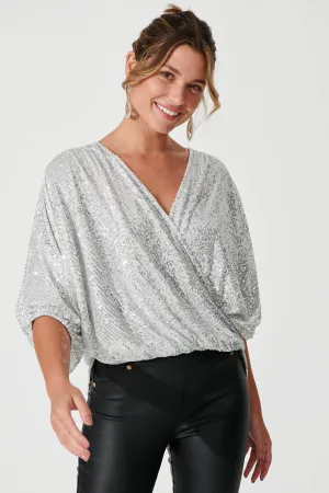 Silver Sequin Party Wrap Top