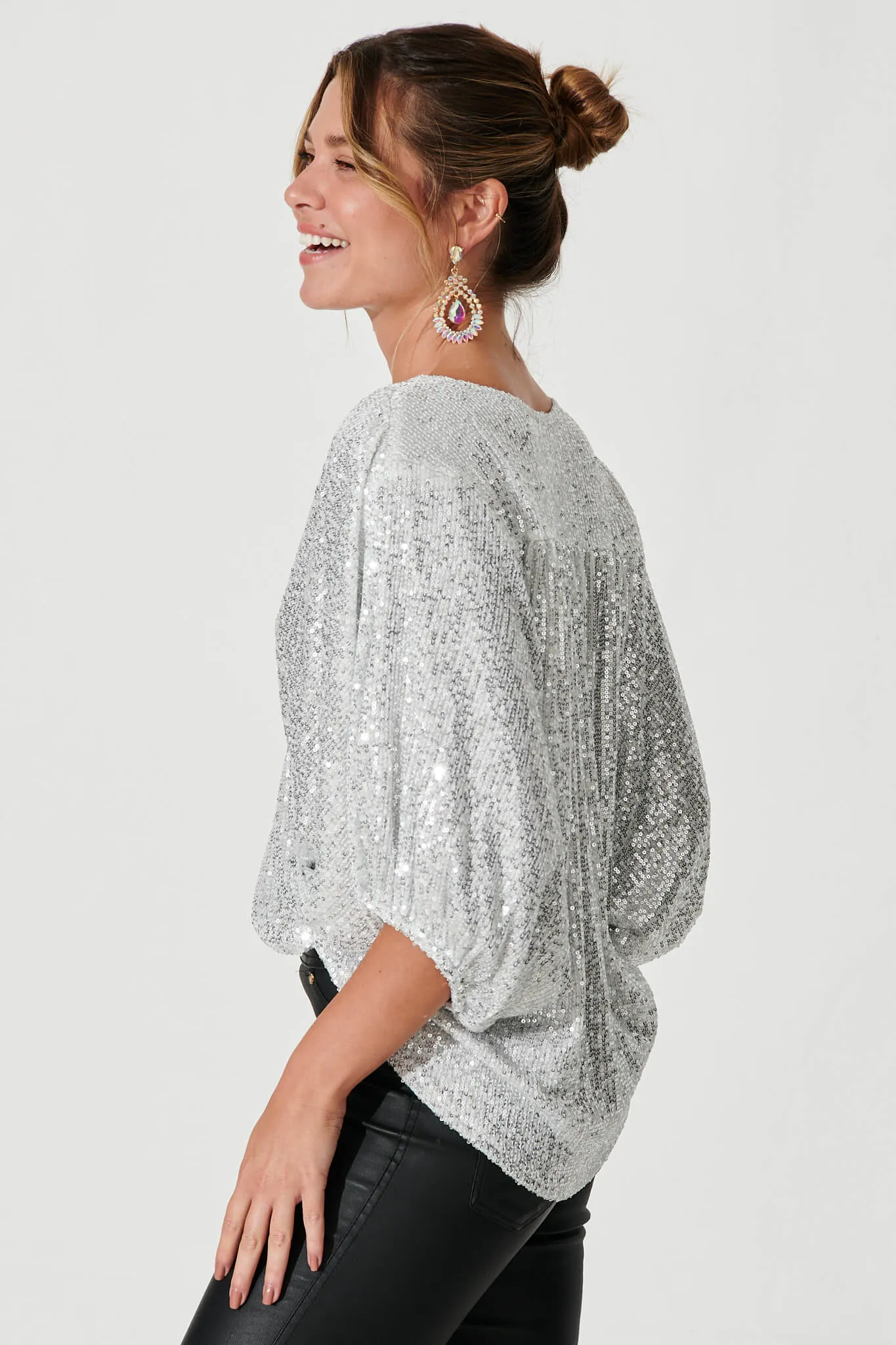 Silver Sequin Party Wrap Top
