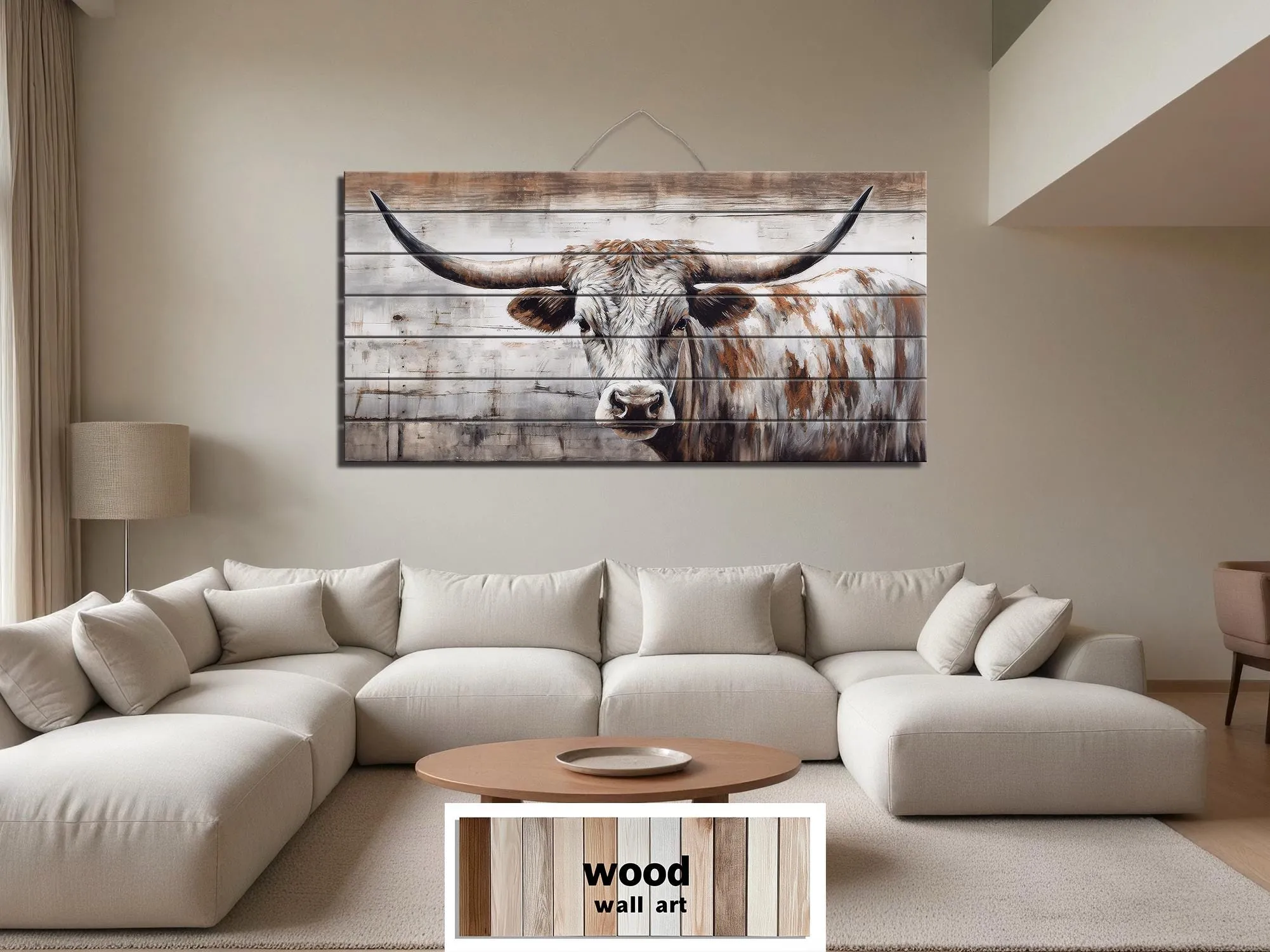 Spotted Longhorn Cow On White Distressed Wood Wall Art