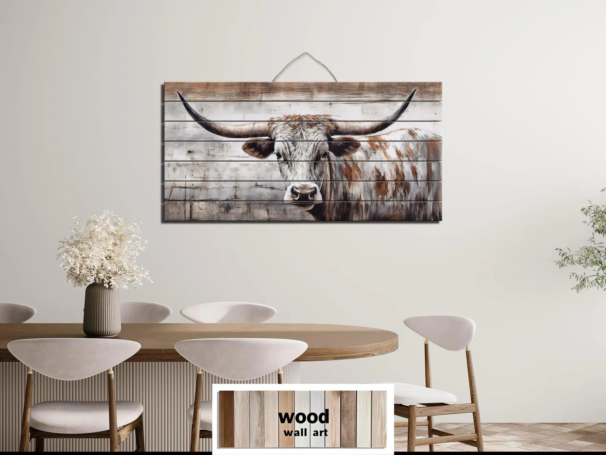 Spotted Longhorn Cow On White Distressed Wood Wall Art