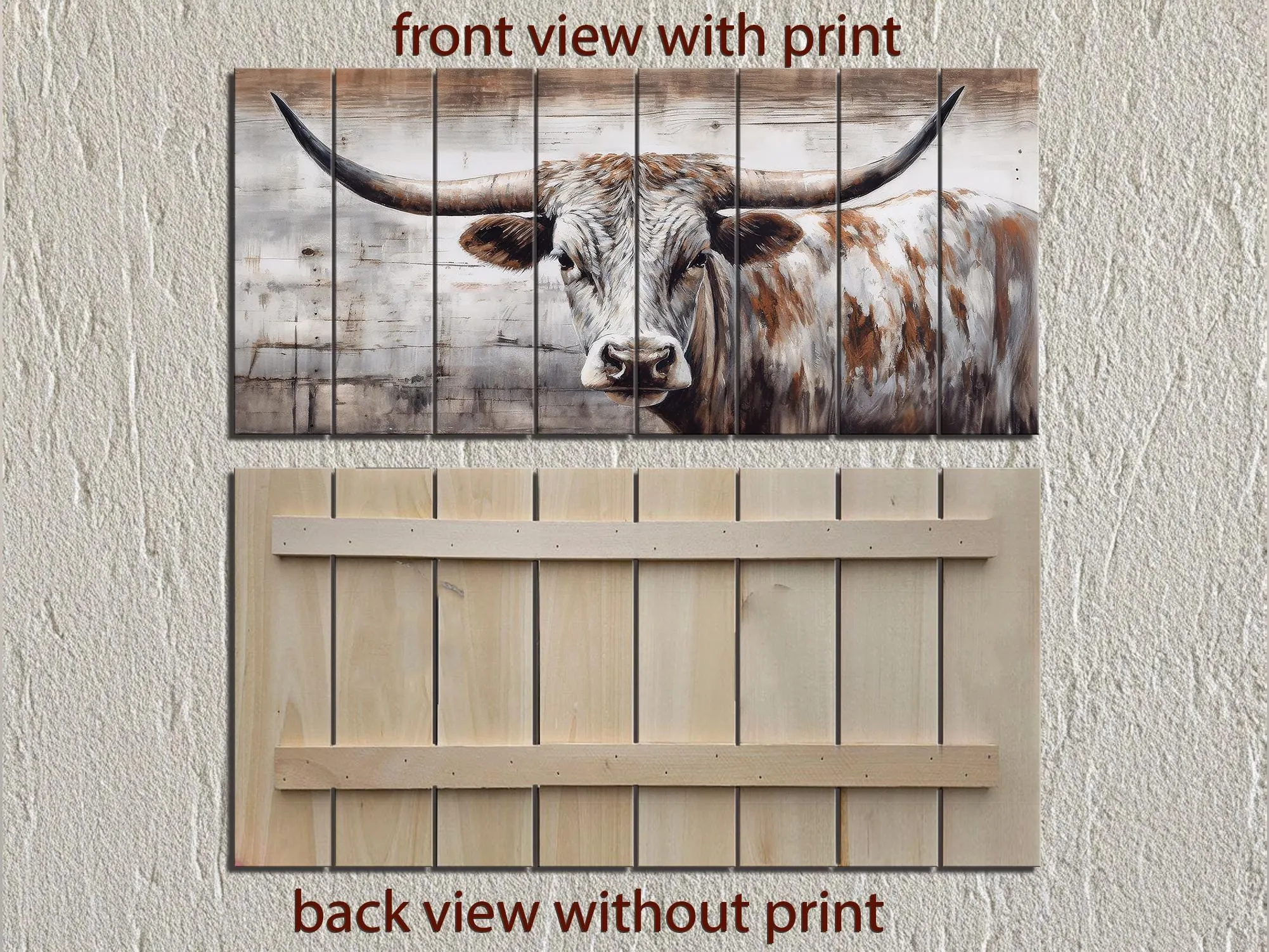 Spotted Longhorn Cow On White Distressed Wood Wall Art