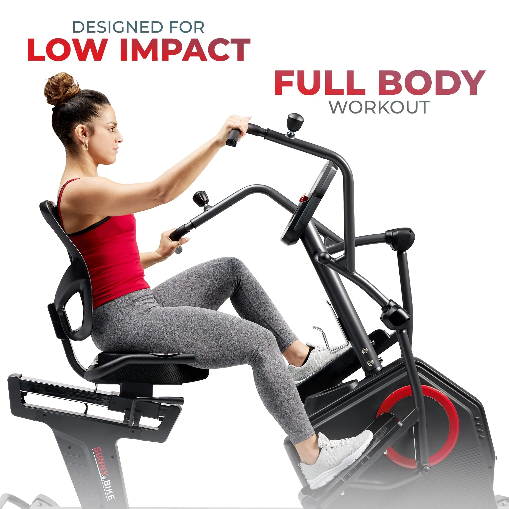 Sunny Health & Fitness Electromagnetic Recumbent Cross Trainer Exercise Elliptical Bike w/ Arm Exercisers, Easy Access Seat & Exclusive SunnyFit® App Enhanced Bluetooth Connectivity - SF-RBE4886SMART