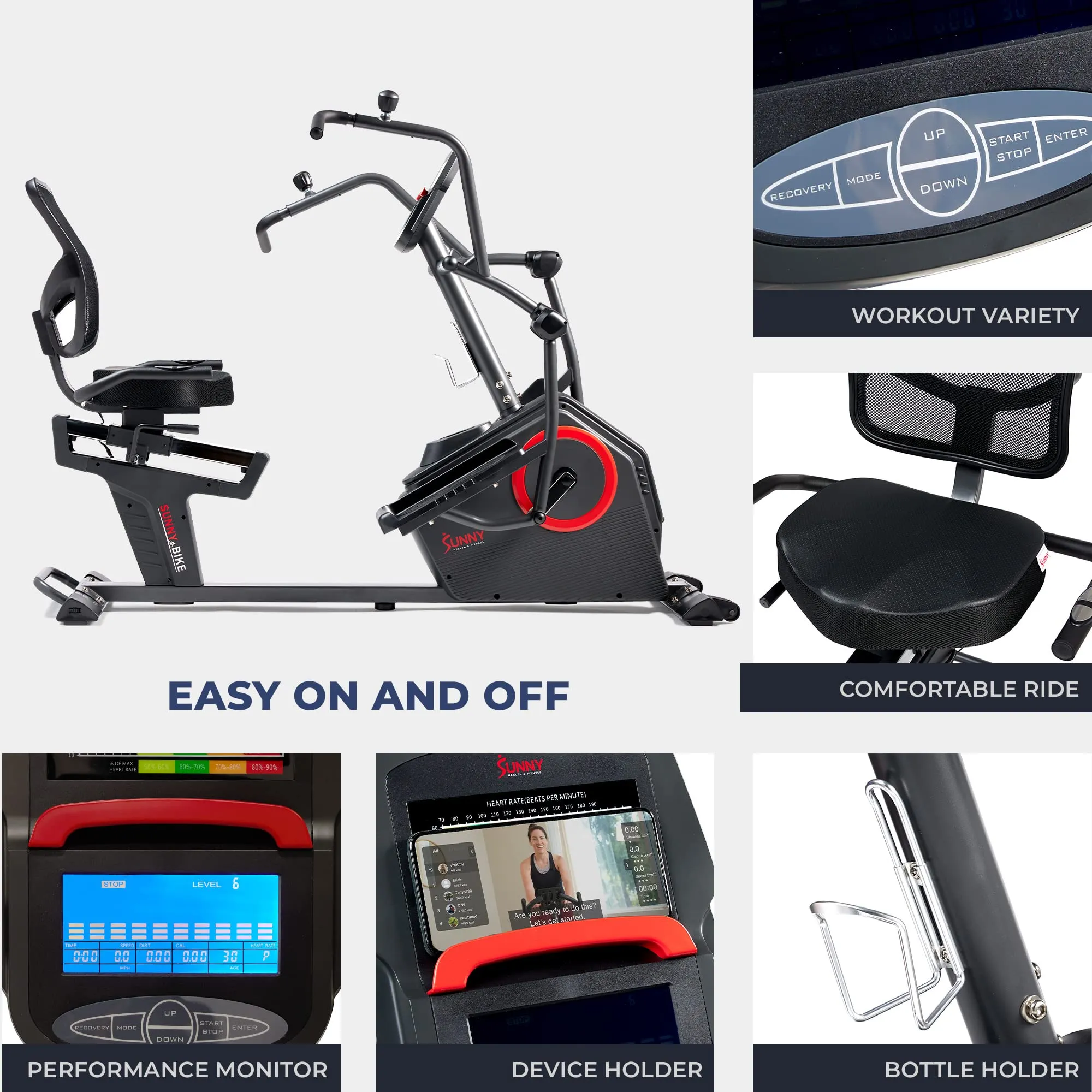 Sunny Health & Fitness Electromagnetic Recumbent Cross Trainer Exercise Elliptical Bike w/ Arm Exercisers, Easy Access Seat & Exclusive SunnyFit® App Enhanced Bluetooth Connectivity - SF-RBE4886SMART