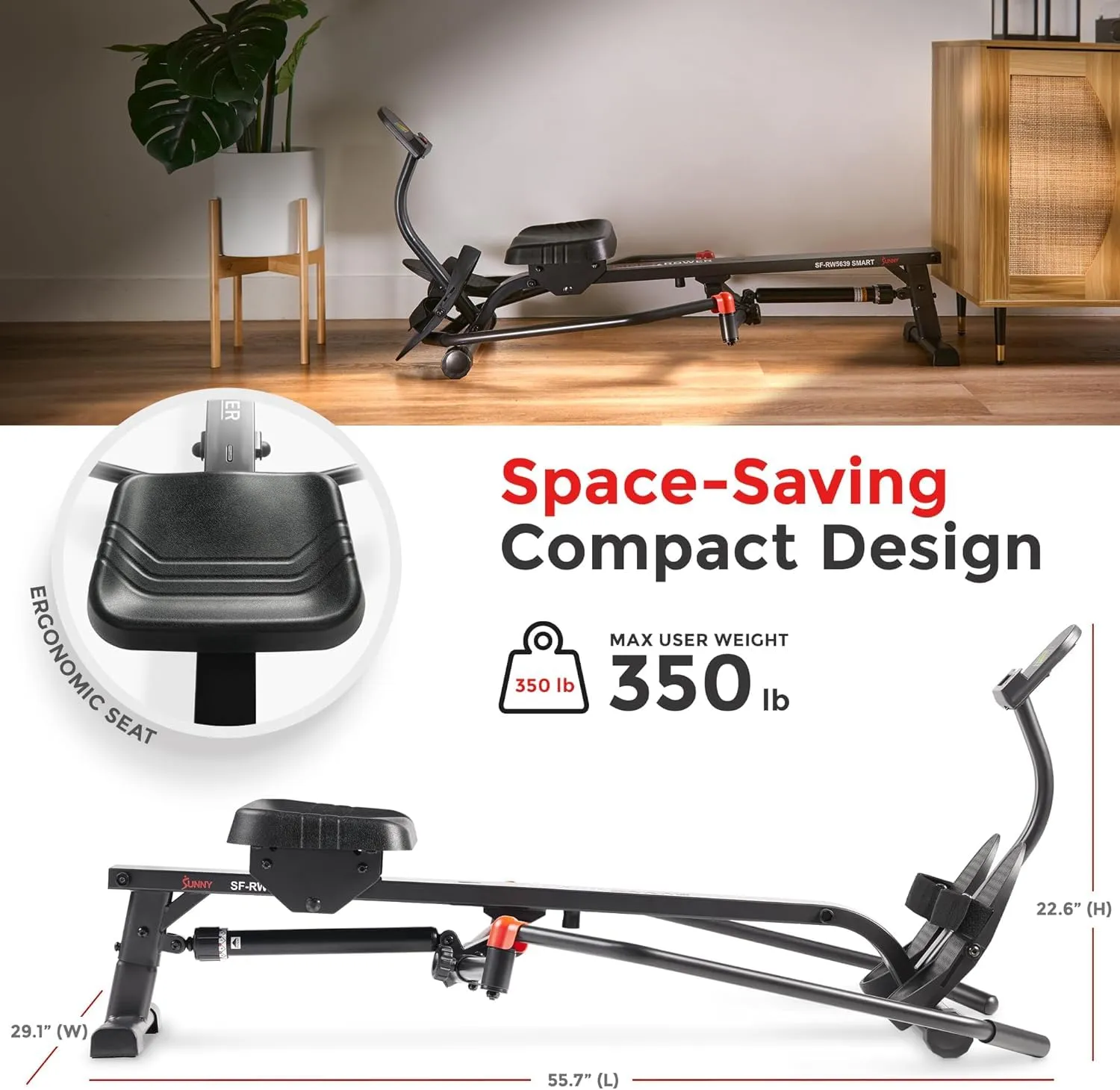 Sunny Health & Fitness Smart Compact Full Motion Rowing Machine, Full-Body Workout, Extra-Long Rail, 350 LB Weight Capacity and Free SunnyFit® App Enhanced Bluetooth Connectivity SF-RW5639SMART