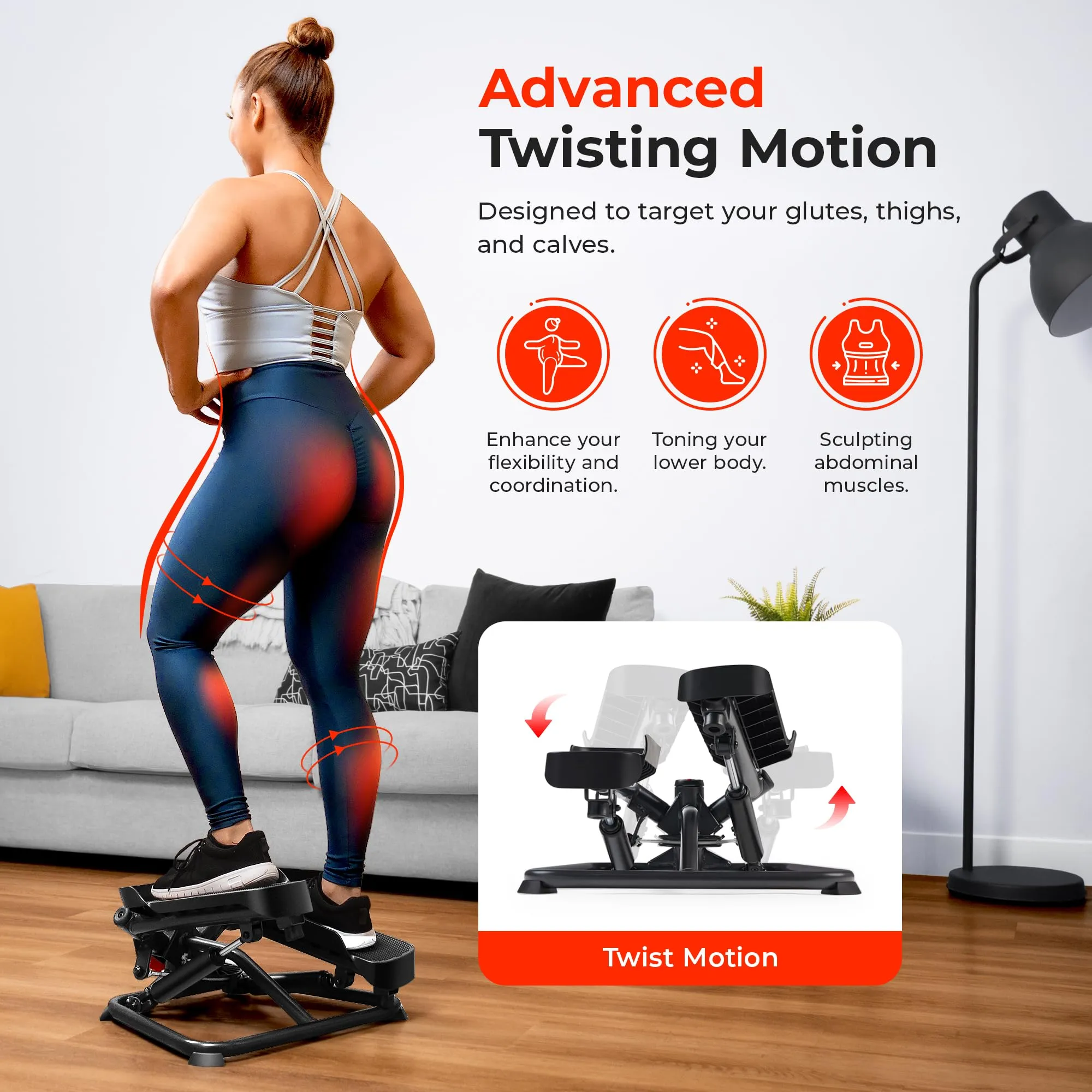 Sunny Health & Fitness Smart Twist Stepper Machine Workout Cardio Equipment Gym Mini Stair Master Climber Thigh Space Squat Twist Stepper Advanced Twisted Resistance Bands - SF-S0979SMART