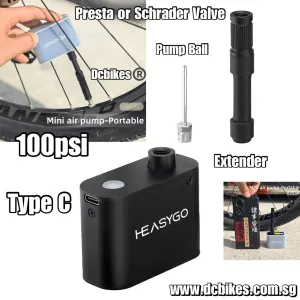 Super Mini Type C Rechargeable Electric Air Pump Portable Cordless Inflator Presta | Schrader Valve 100psi For Bicycle   Silicone Case & Hose Extender 115g