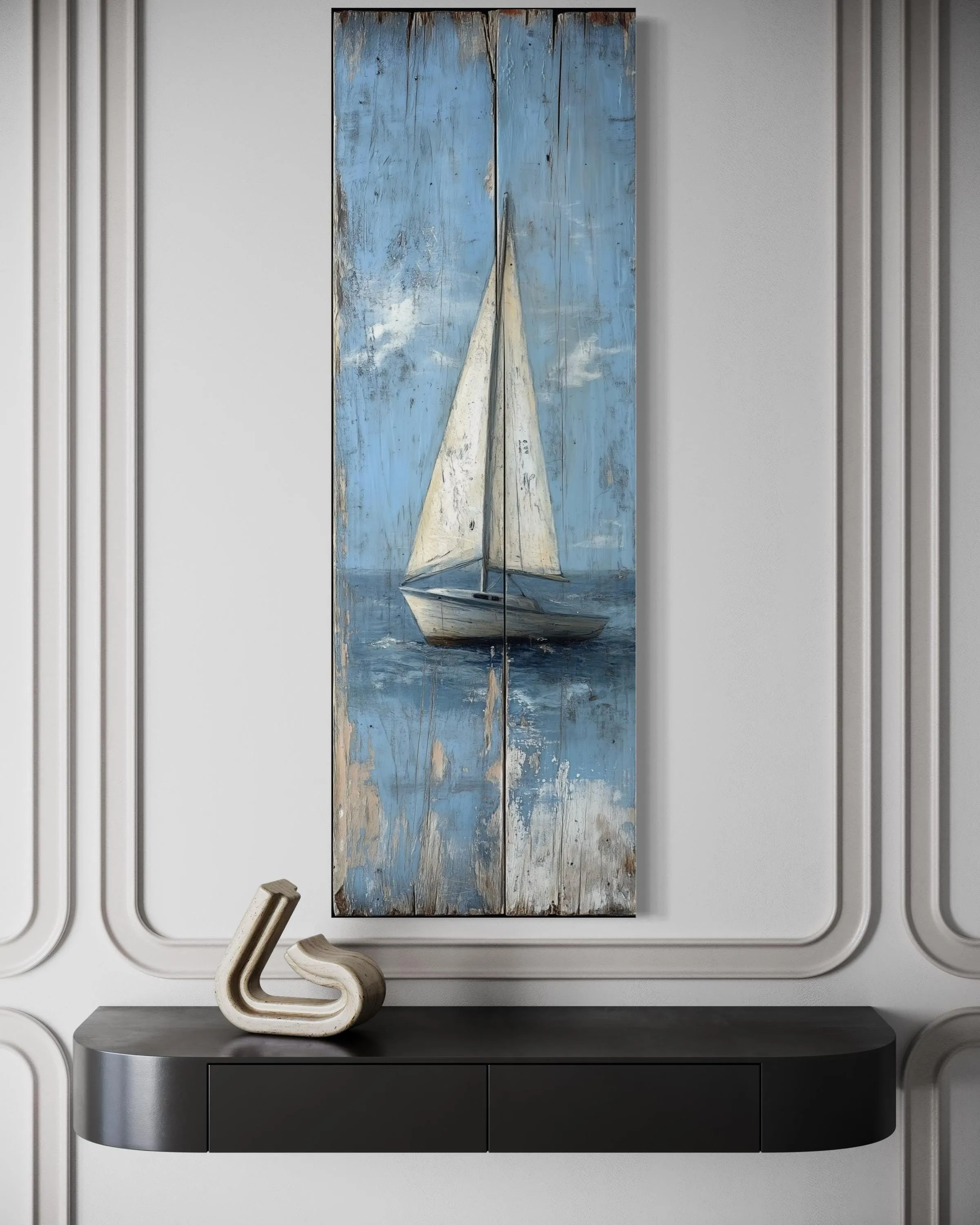Tall Narrow Vertical Rustic Sailboat Coastal Framed Canvas Wall Art