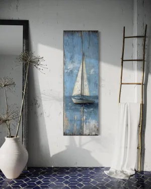 Tall Narrow Vertical Rustic Sailboat Coastal Framed Canvas Wall Art