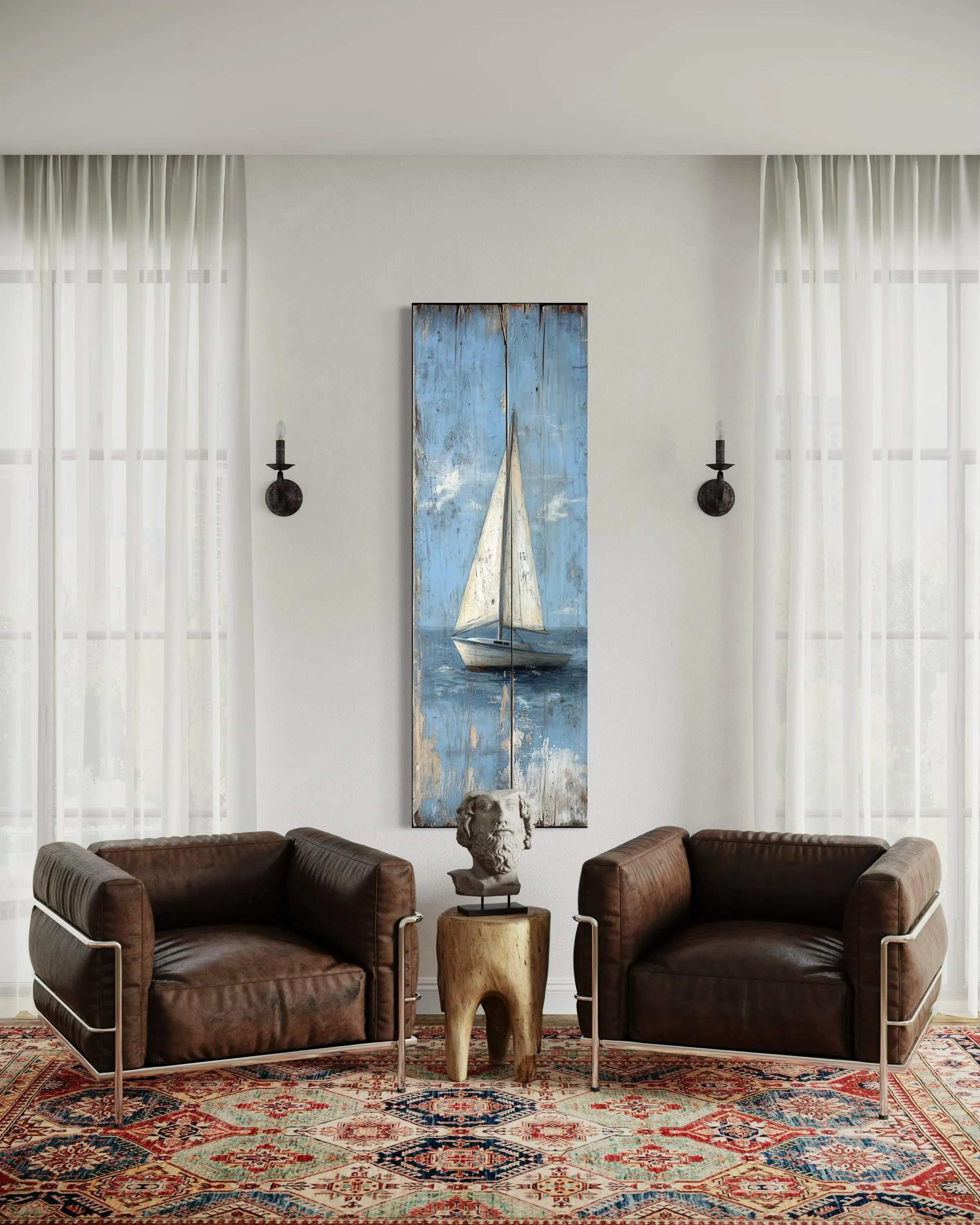 Tall Narrow Vertical Rustic Sailboat Coastal Framed Canvas Wall Art