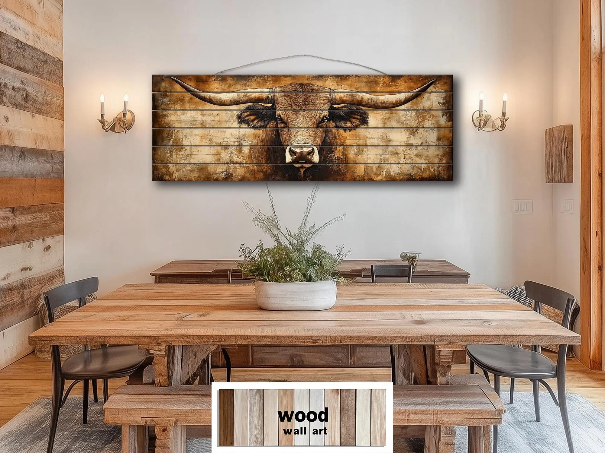 Texas Longhorn Long Horizontal Neutral Brown Real Wood Wall Art