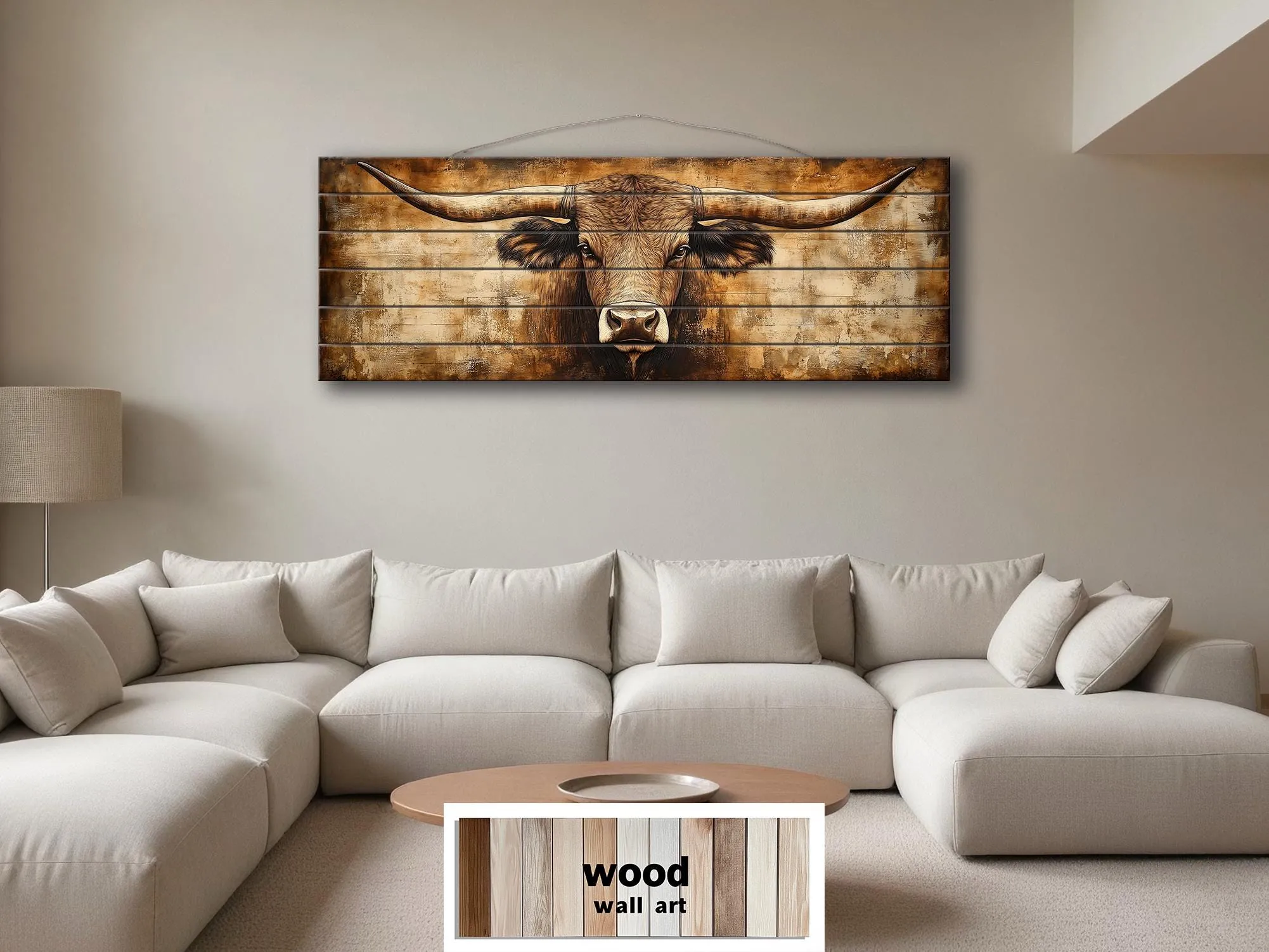 Texas Longhorn Long Horizontal Neutral Brown Real Wood Wall Art