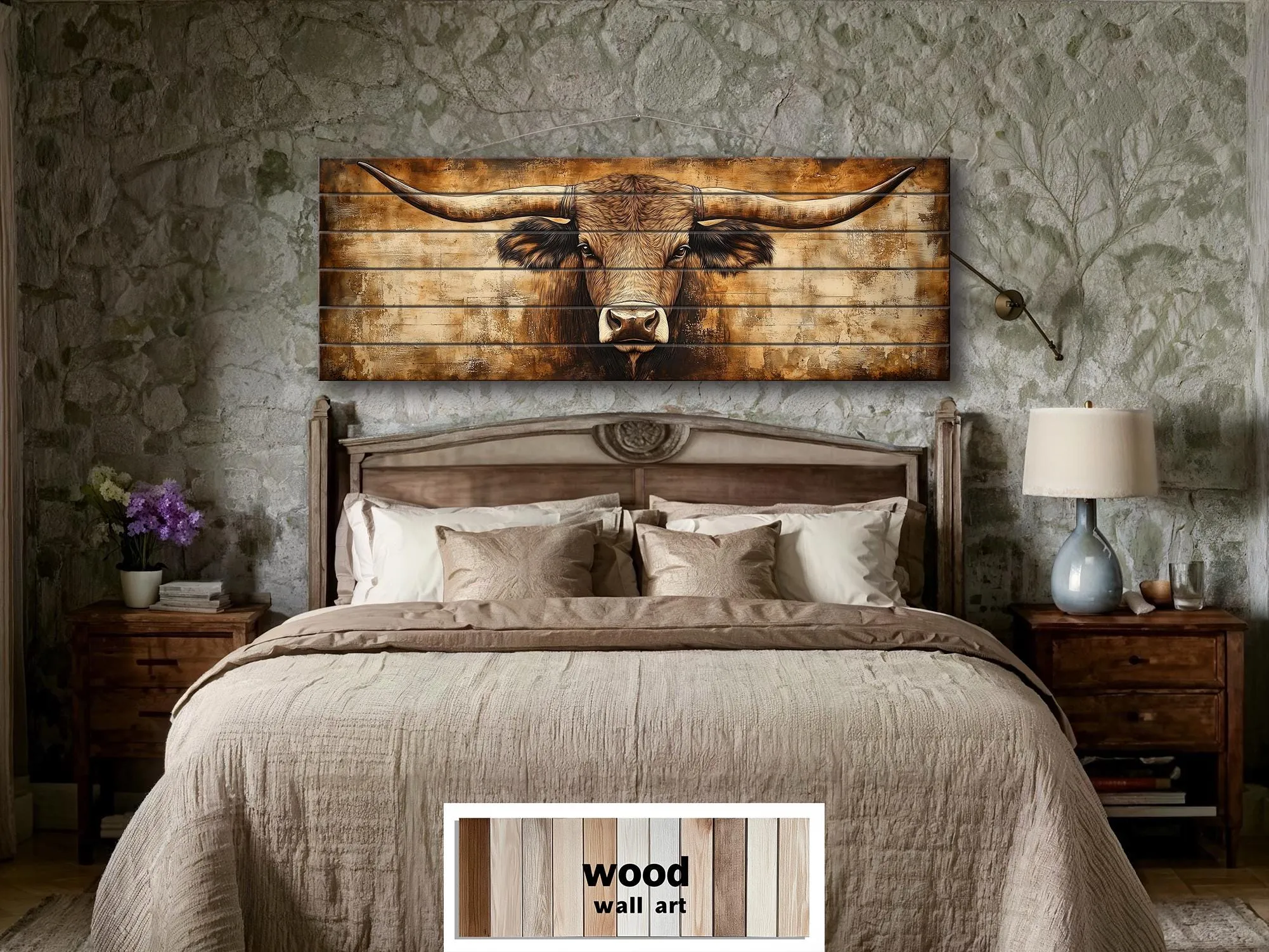 Texas Longhorn Long Horizontal Neutral Brown Real Wood Wall Art