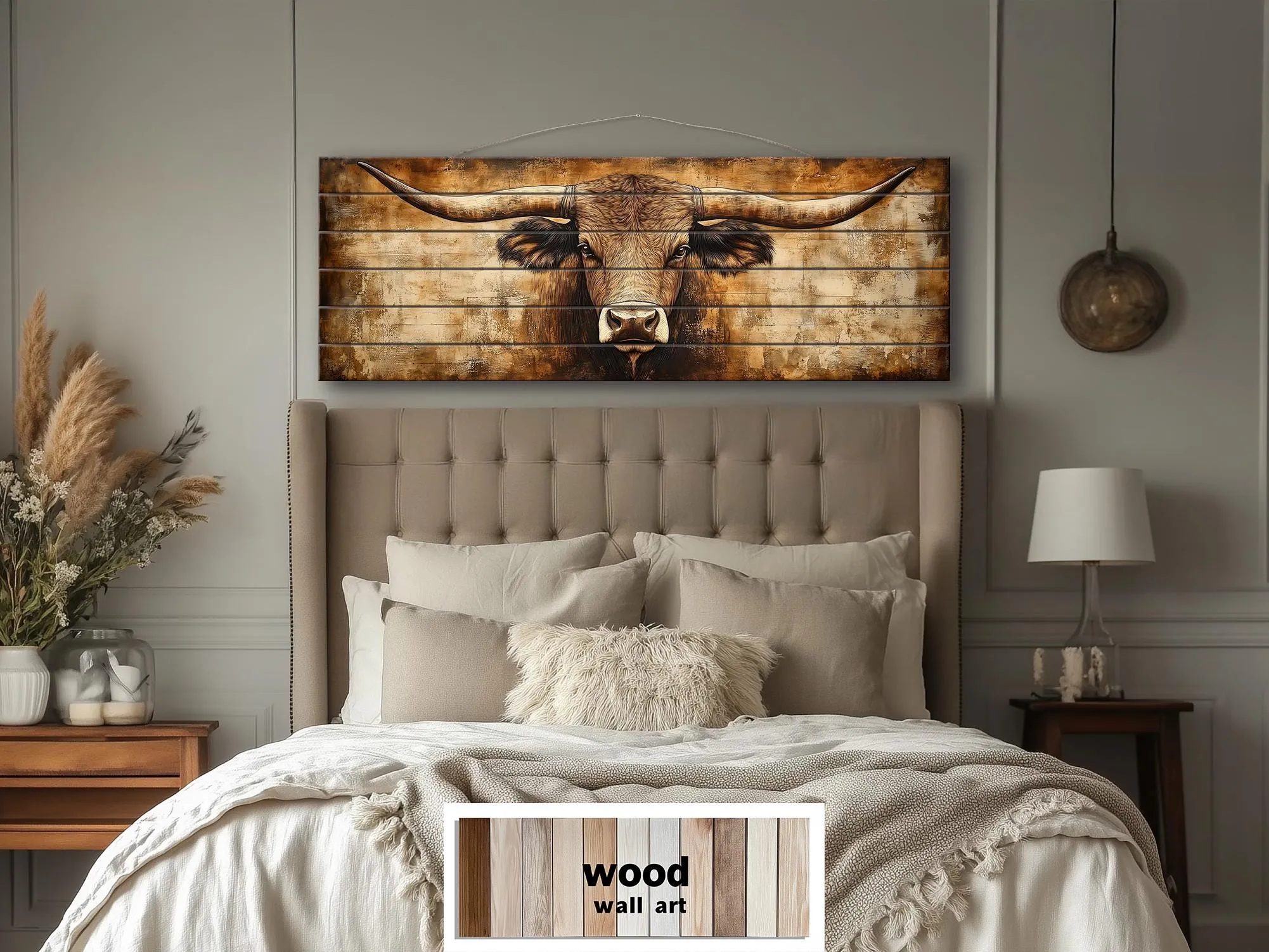 Texas Longhorn Long Horizontal Neutral Brown Real Wood Wall Art