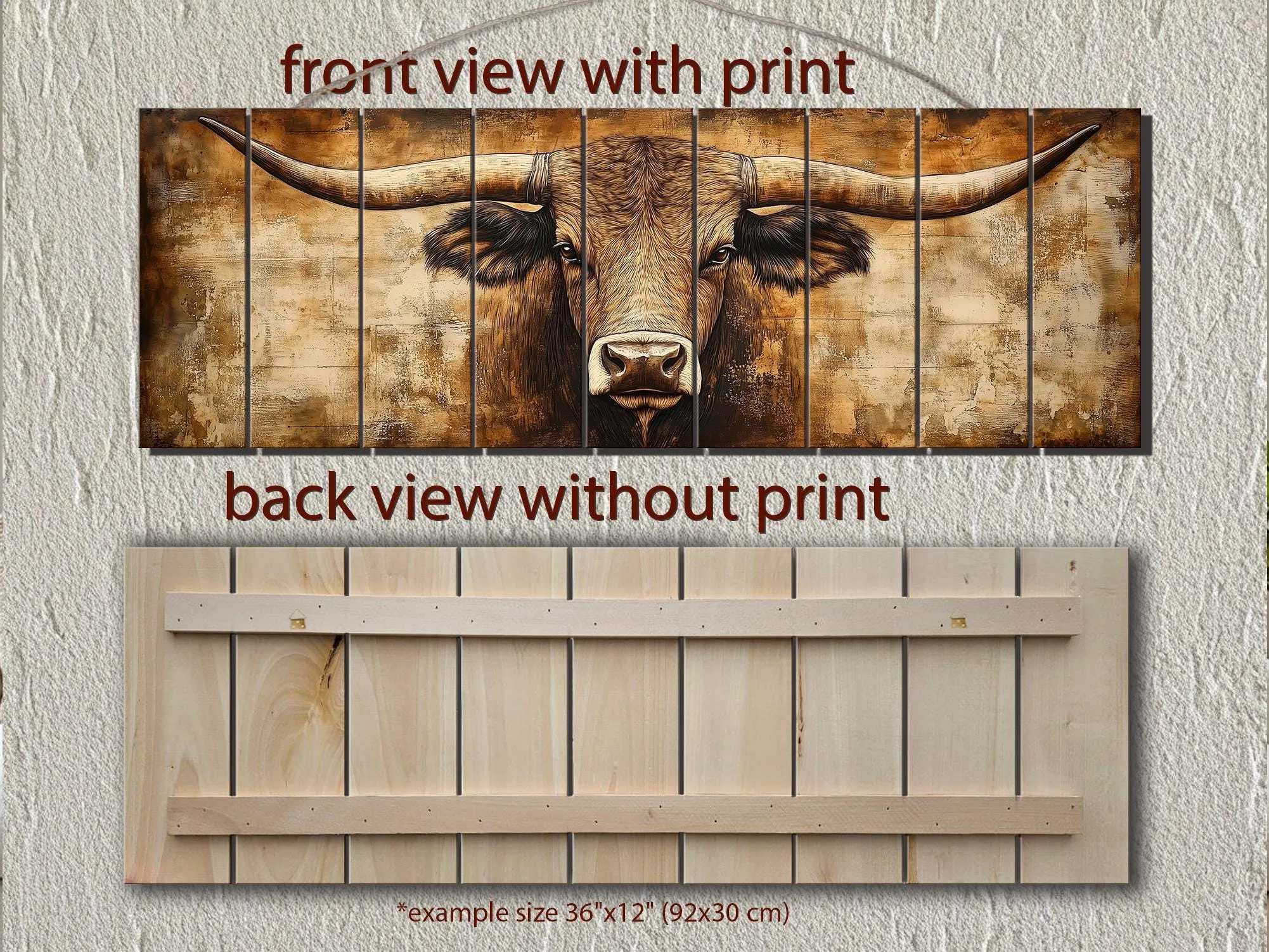 Texas Longhorn Long Horizontal Neutral Brown Real Wood Wall Art