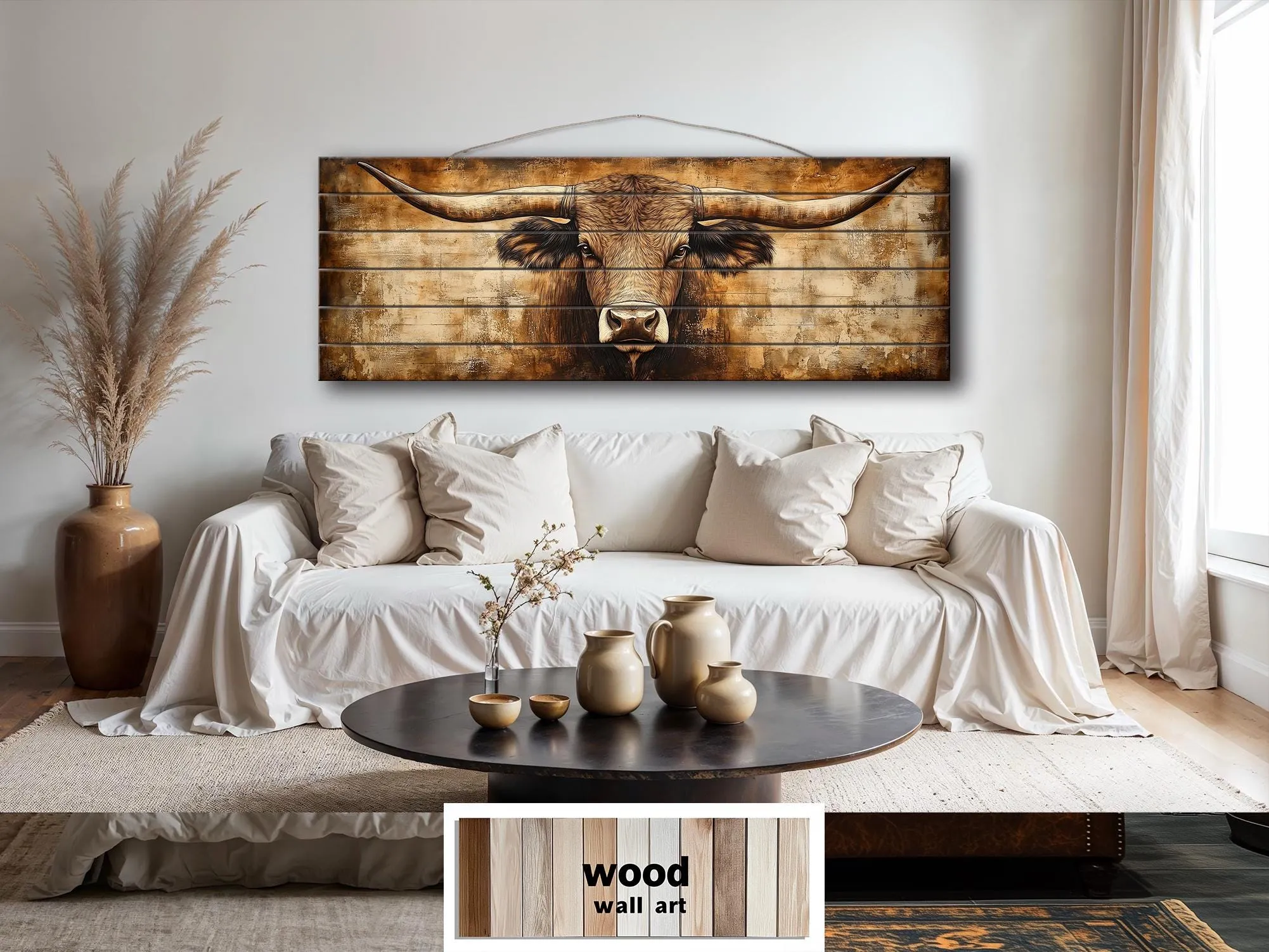 Texas Longhorn Long Horizontal Neutral Brown Real Wood Wall Art