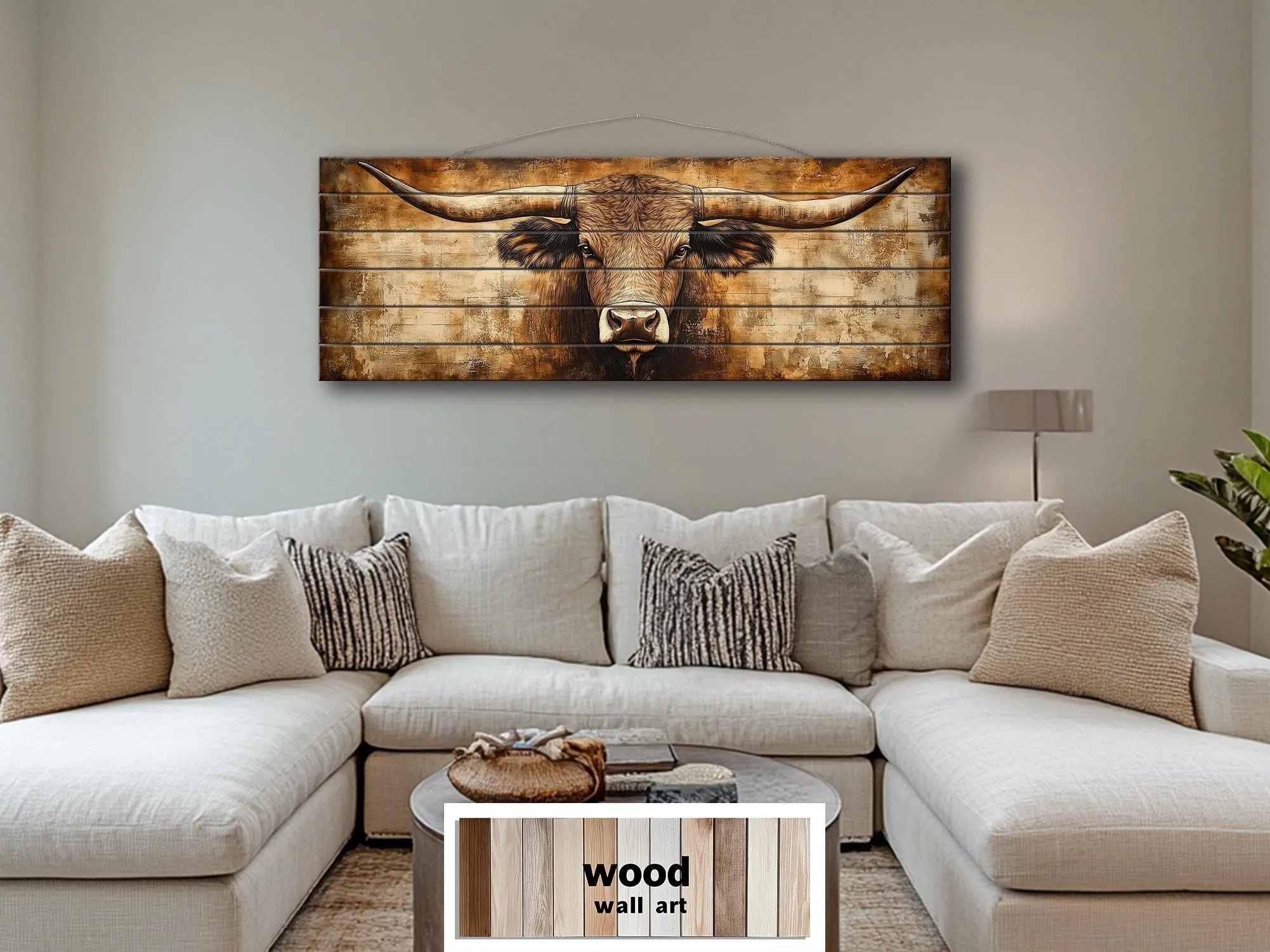 Texas Longhorn Long Horizontal Neutral Brown Real Wood Wall Art
