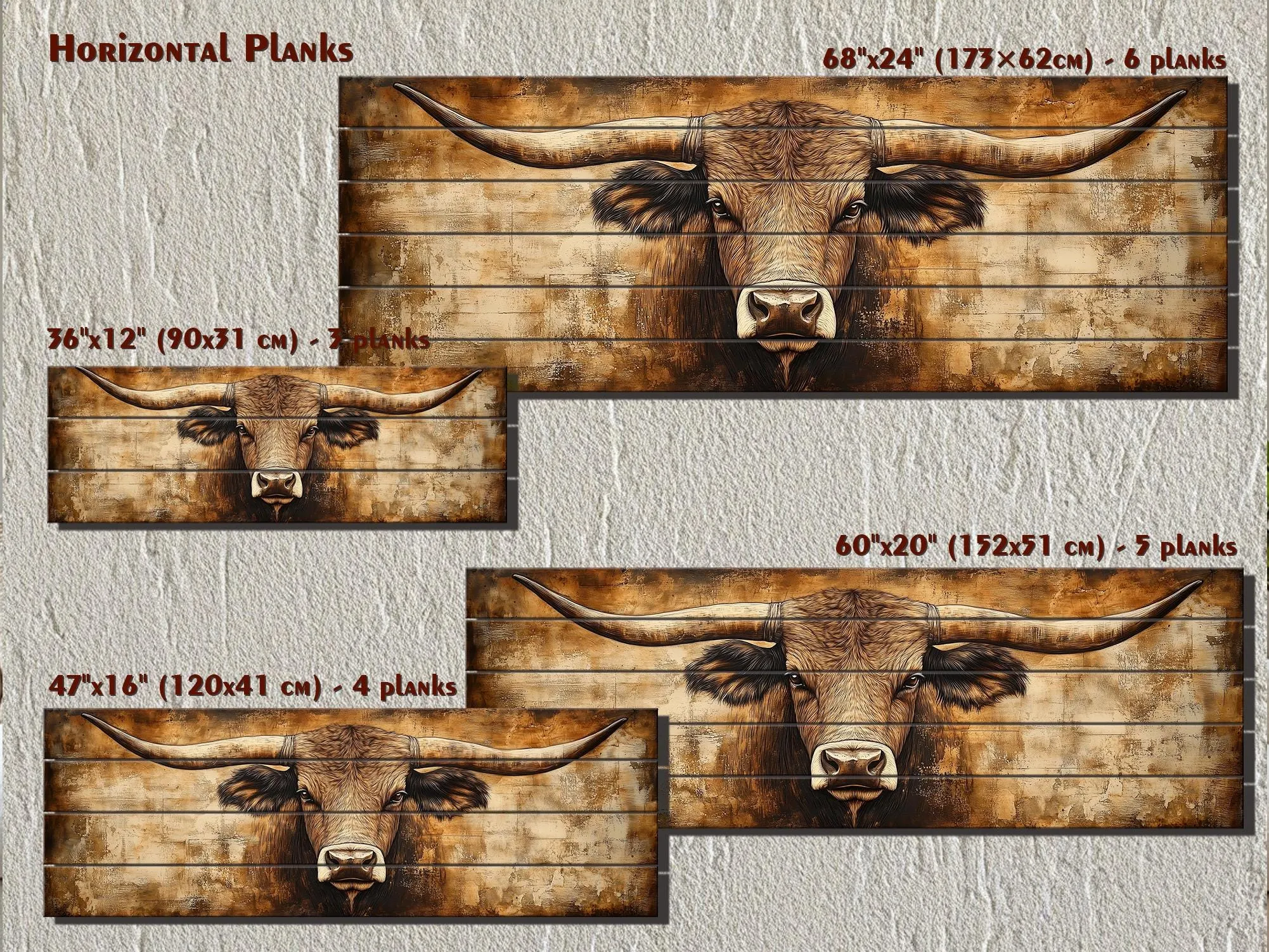 Texas Longhorn Long Horizontal Neutral Brown Real Wood Wall Art