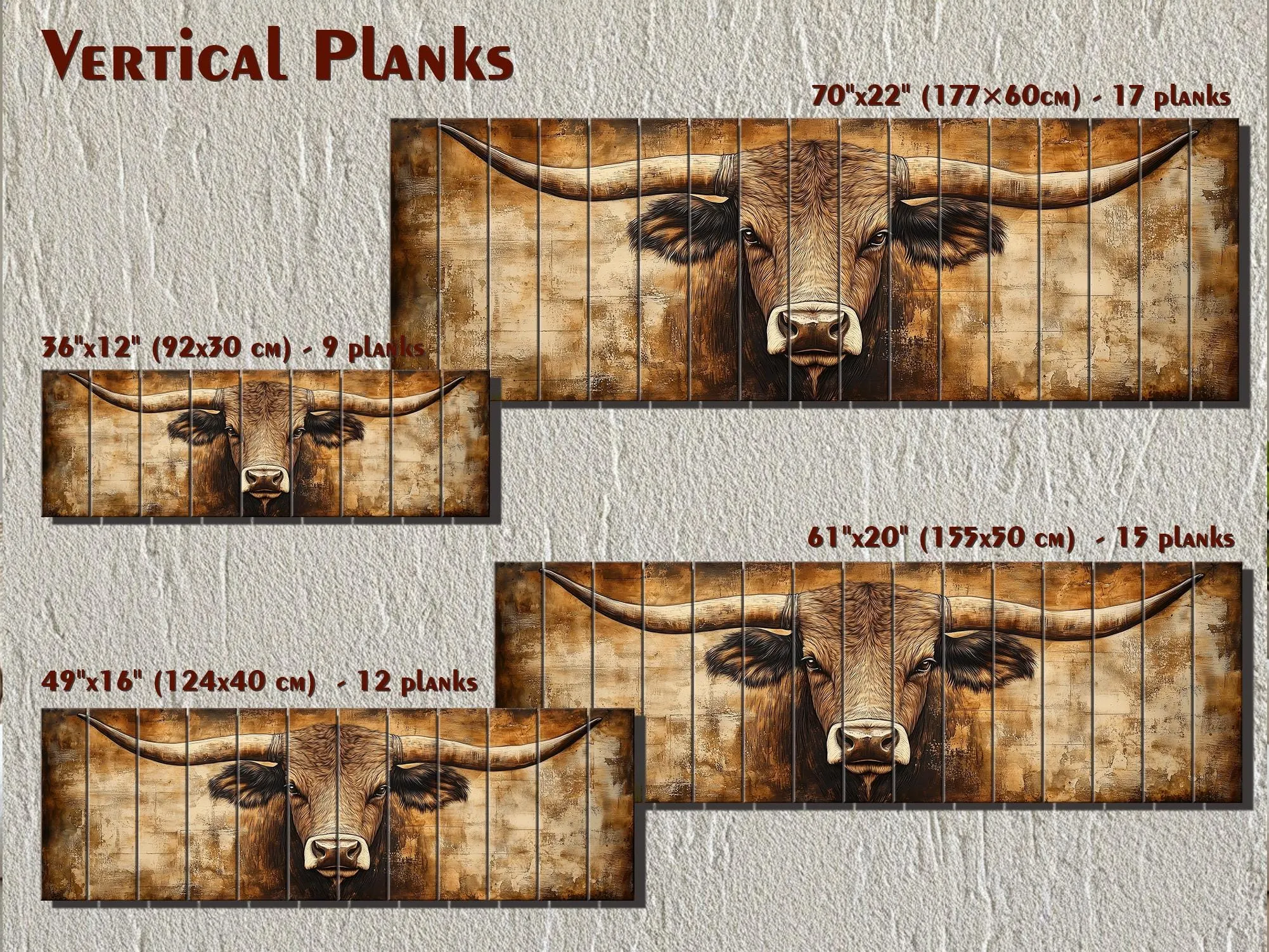 Texas Longhorn Long Horizontal Neutral Brown Real Wood Wall Art