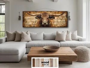 Texas Longhorn Long Horizontal Neutral Brown Real Wood Wall Art
