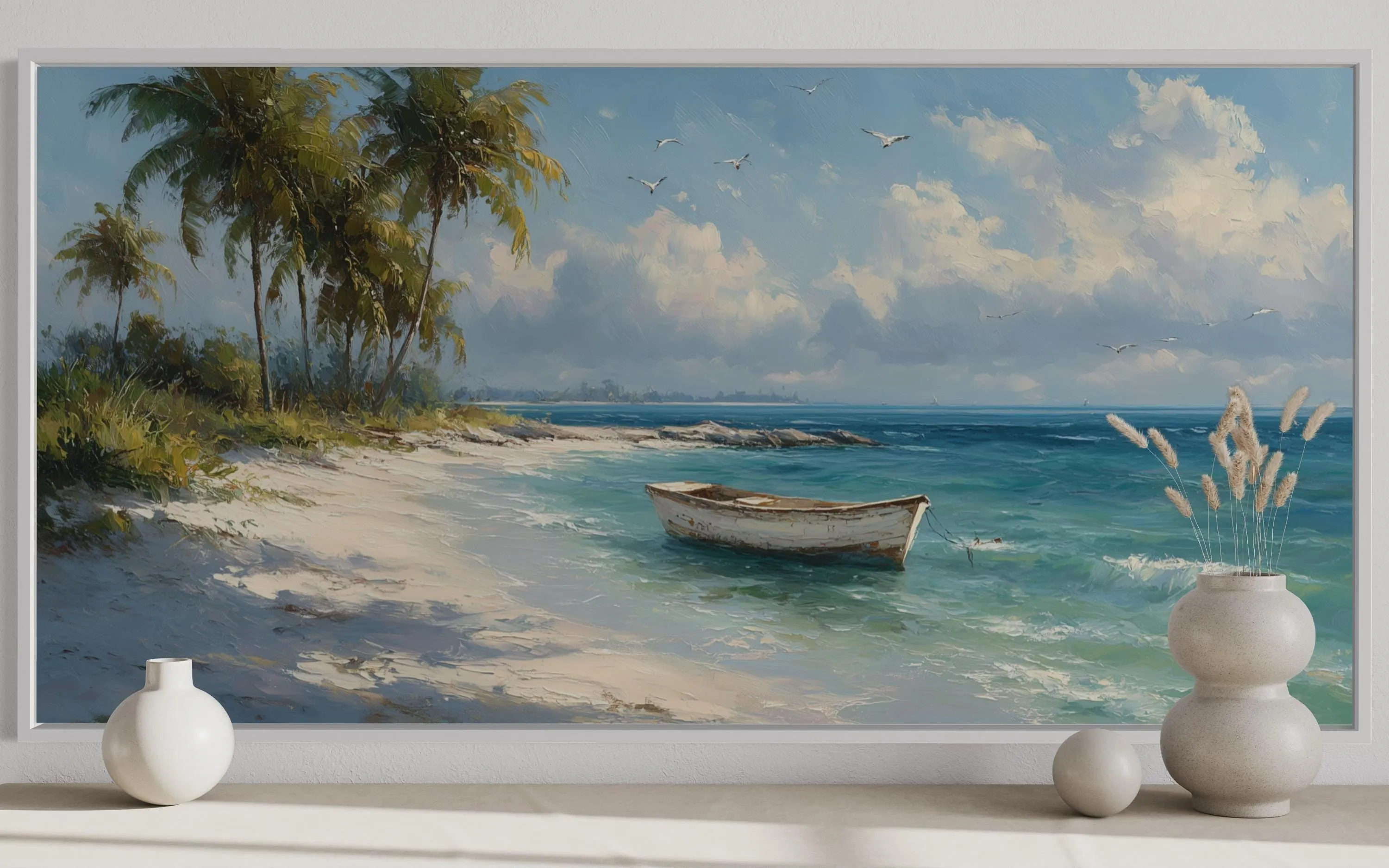 Tropical Beach And White Boat Painting Canvas Wall Art