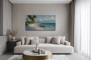 Tropical Beach And White Boat Painting Canvas Wall Art