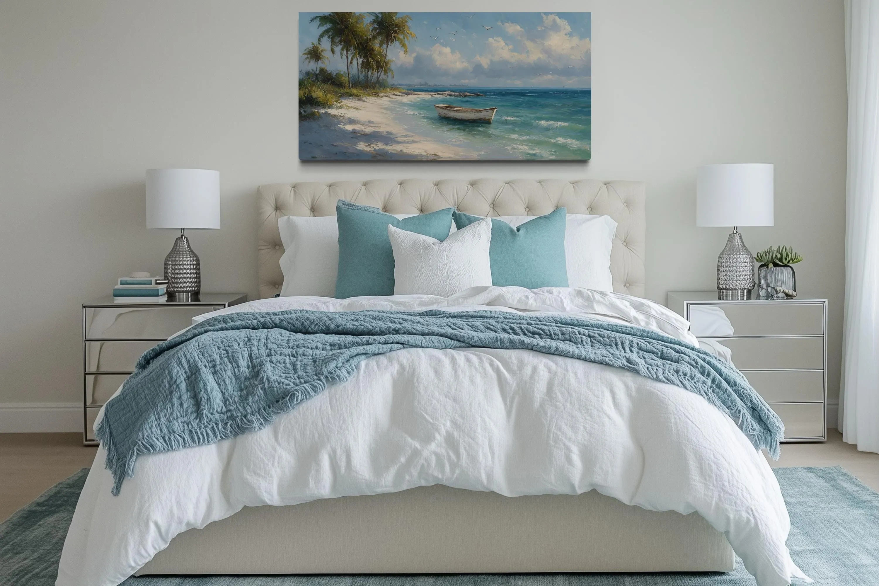 Tropical Beach And White Boat Painting Canvas Wall Art