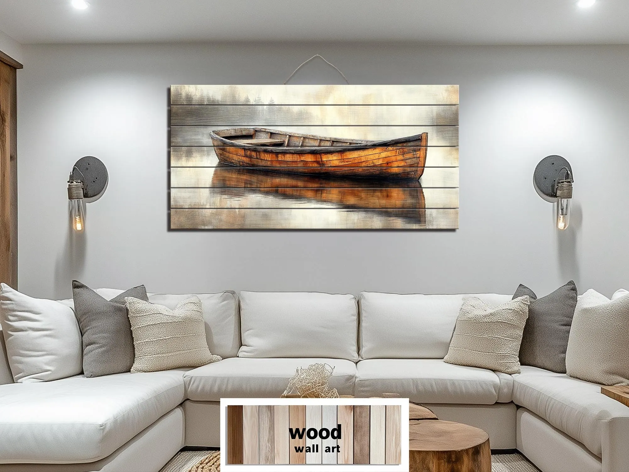 Wooden Canoe In The Lake Real Wood Wall Art