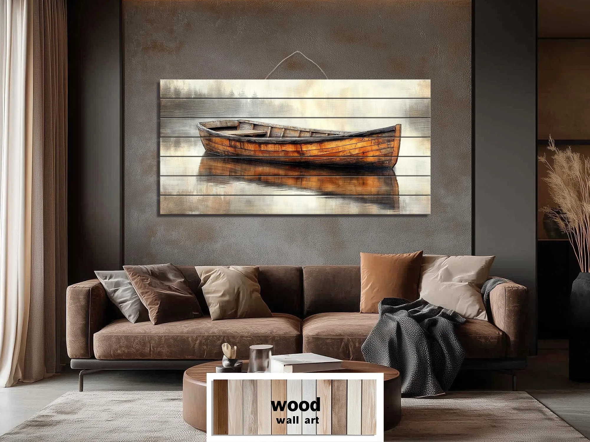 Wooden Canoe In The Lake Real Wood Wall Art