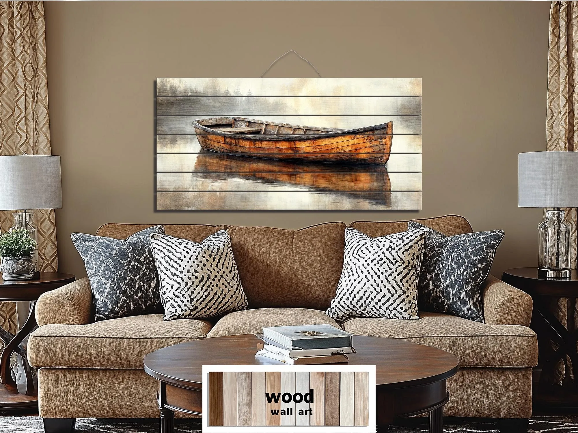Wooden Canoe In The Lake Real Wood Wall Art