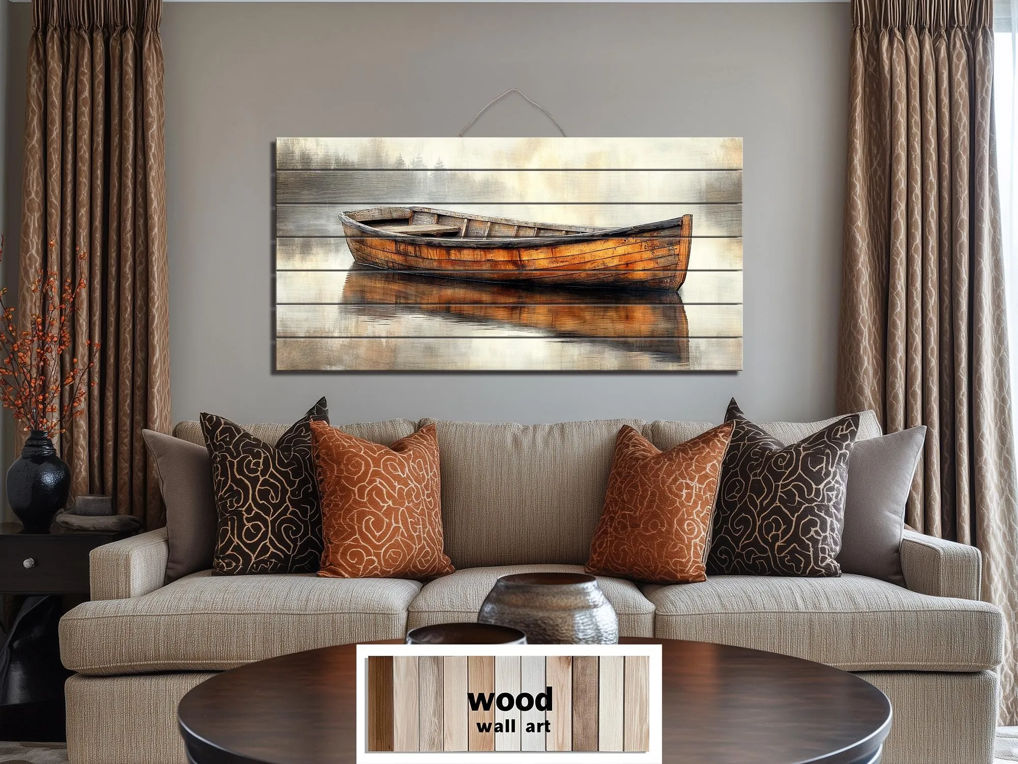 Wooden Canoe In The Lake Real Wood Wall Art