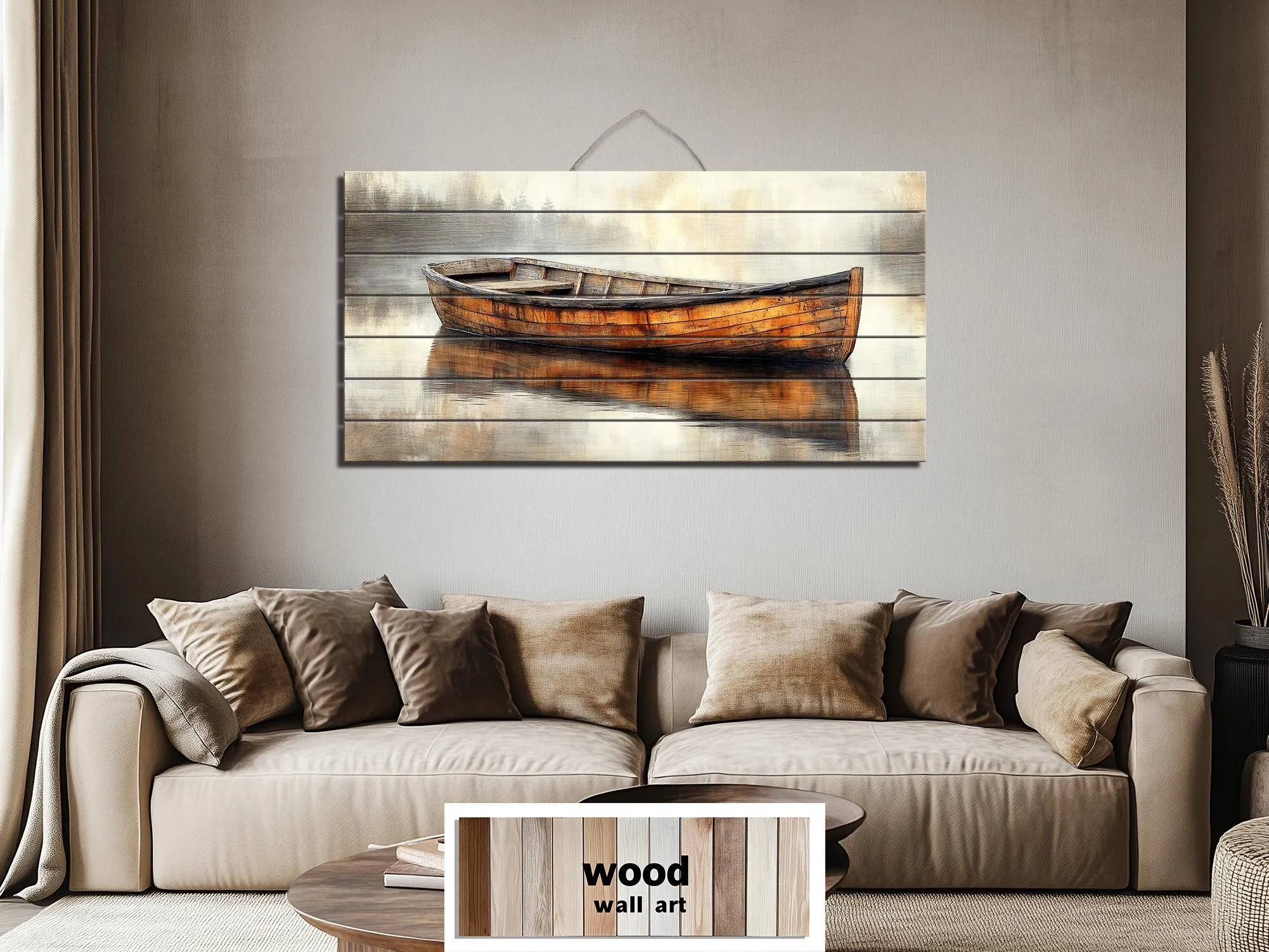 Wooden Canoe In The Lake Real Wood Wall Art